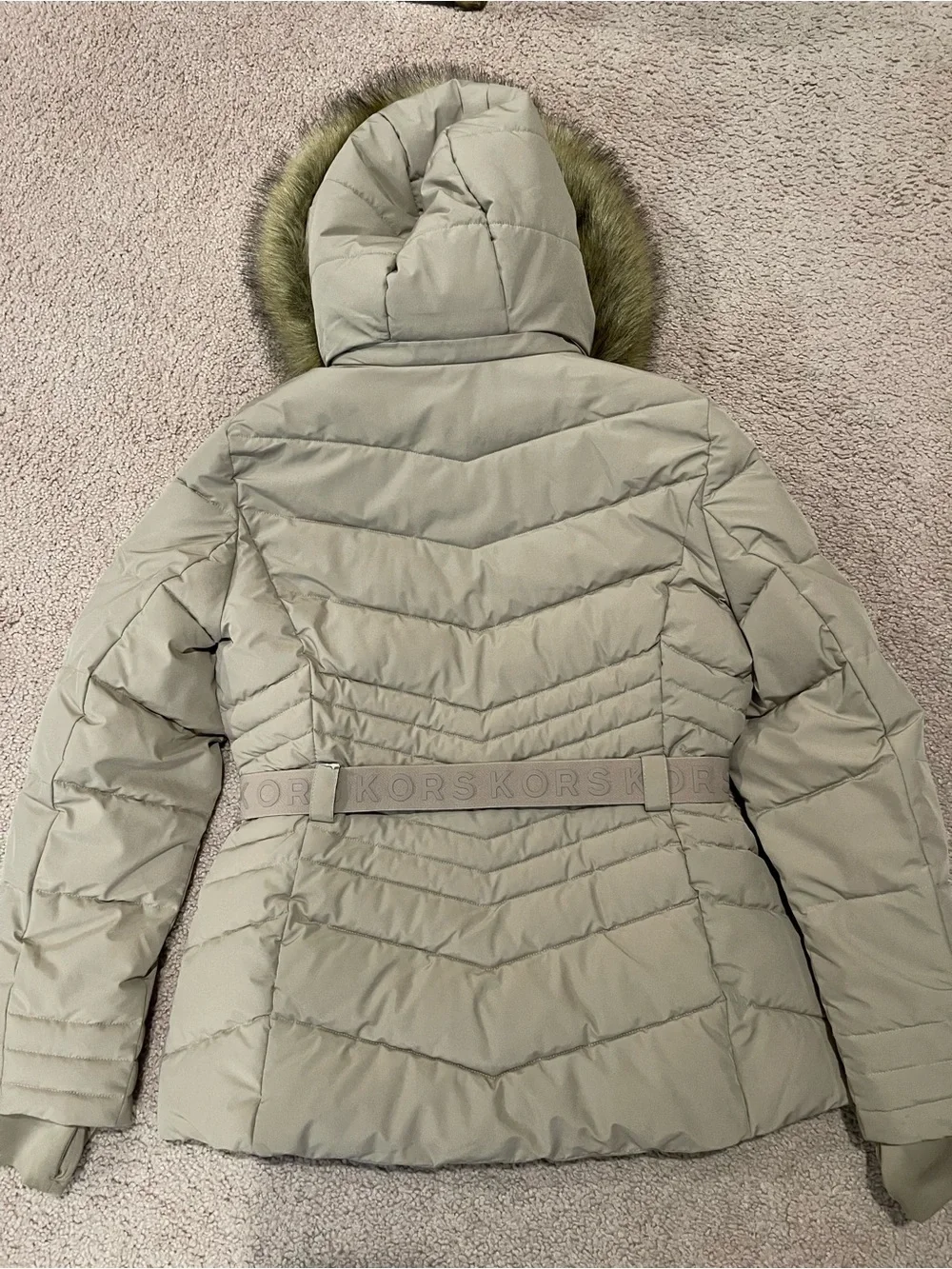 MICHAEL KORS Tan Faux Fur Trim Hood Puffer Jacket w/Belt